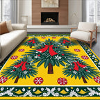 Festive Pine Trees Red Bow Snowflakes Yellow Rug