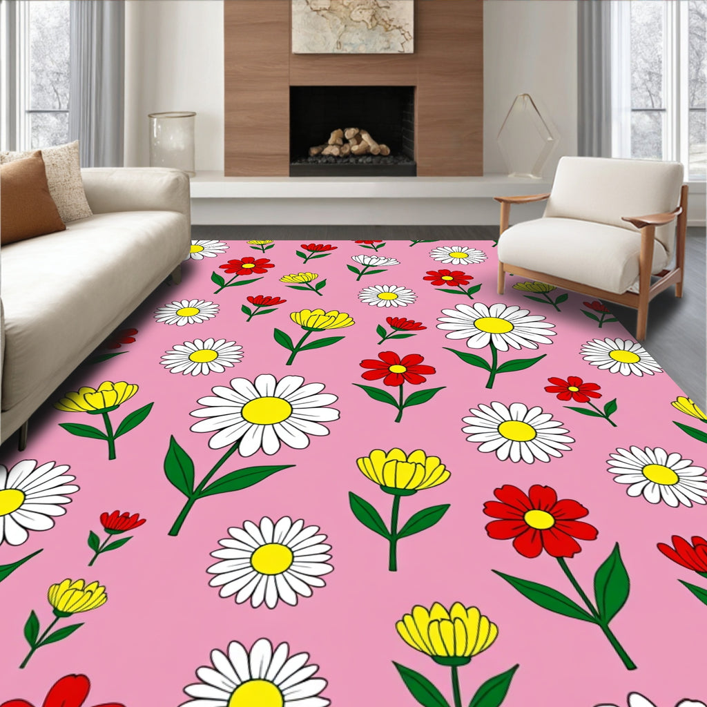 Pink Floral Daisy Garden Rug
