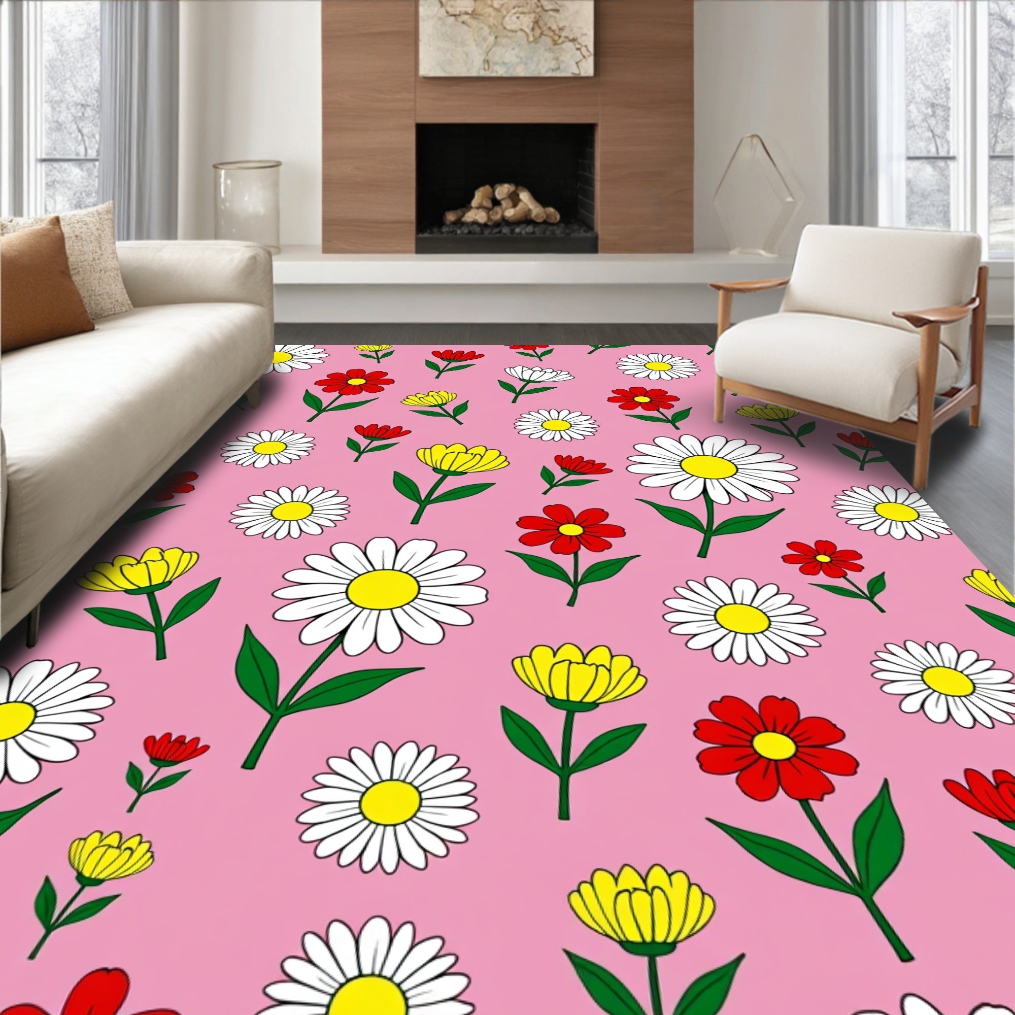 Pink Floral Daisy Garden Rug