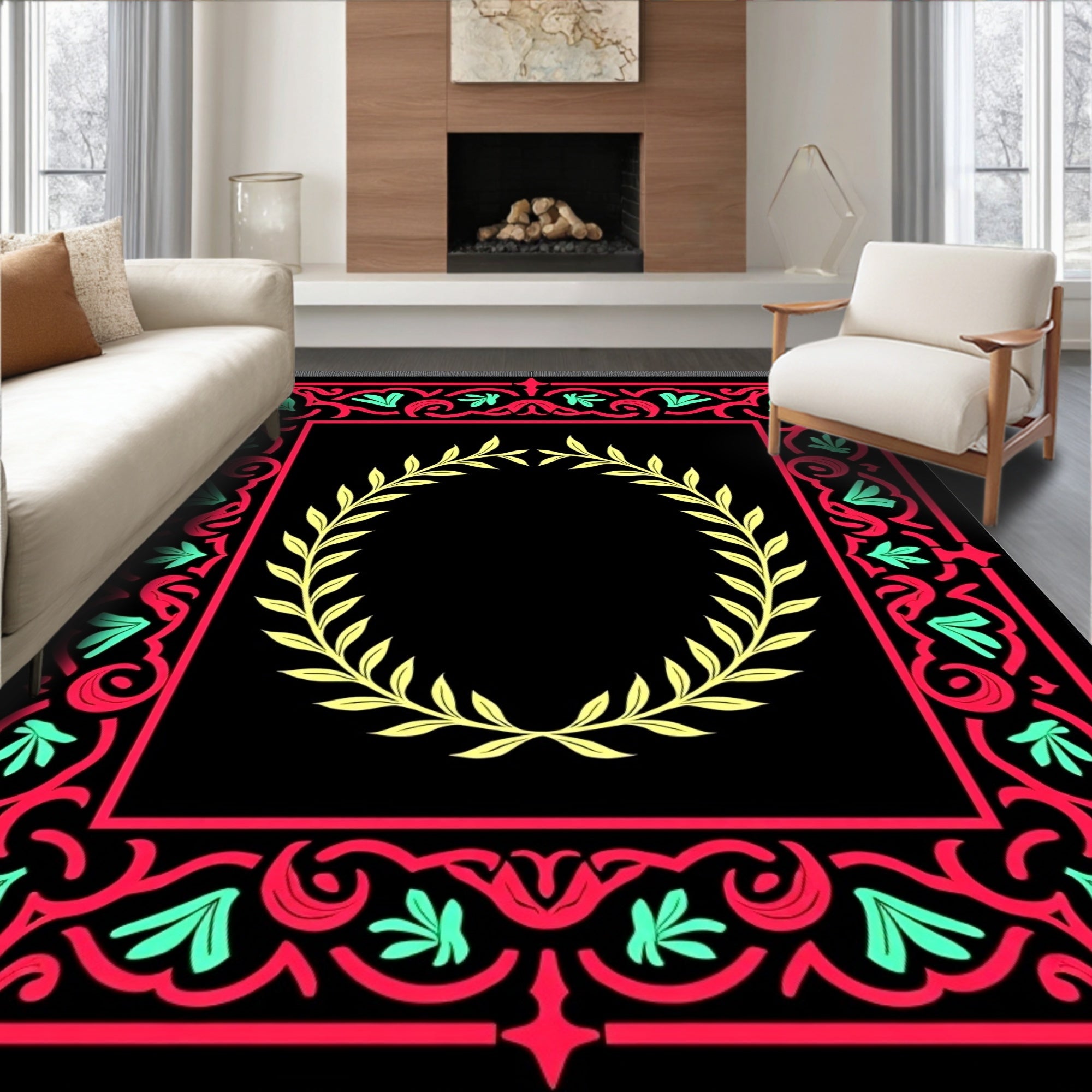 Black Red Yellow Floral Wreath Rug