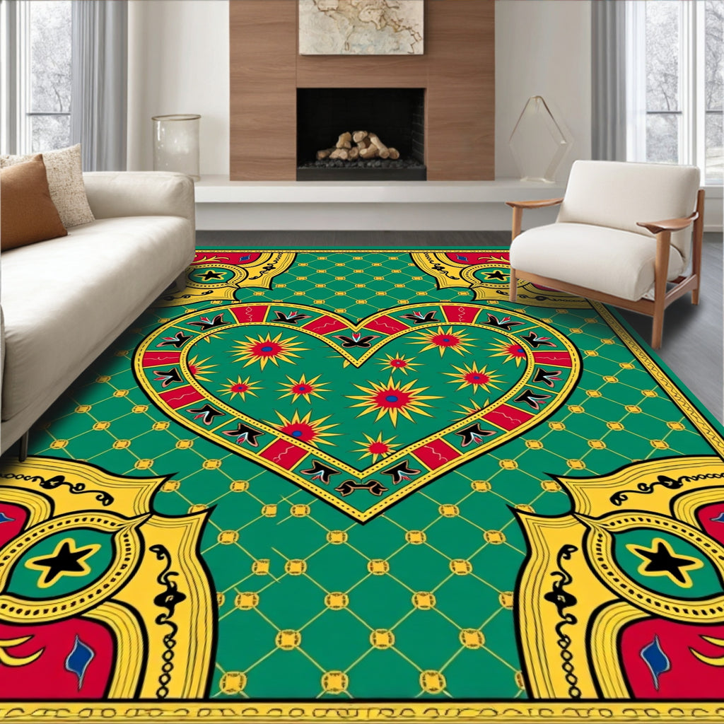 Green Heart Red Yellow Floral Medallion Rug