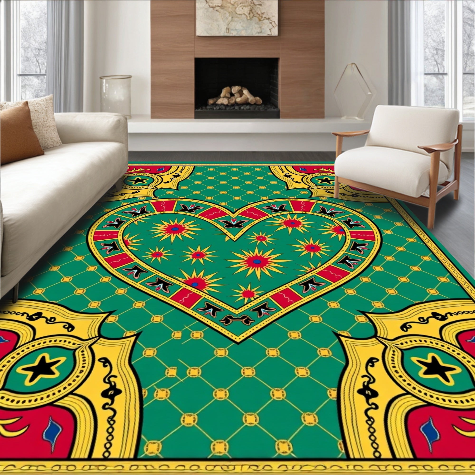 Green Heart Red Yellow Floral Medallion Rug