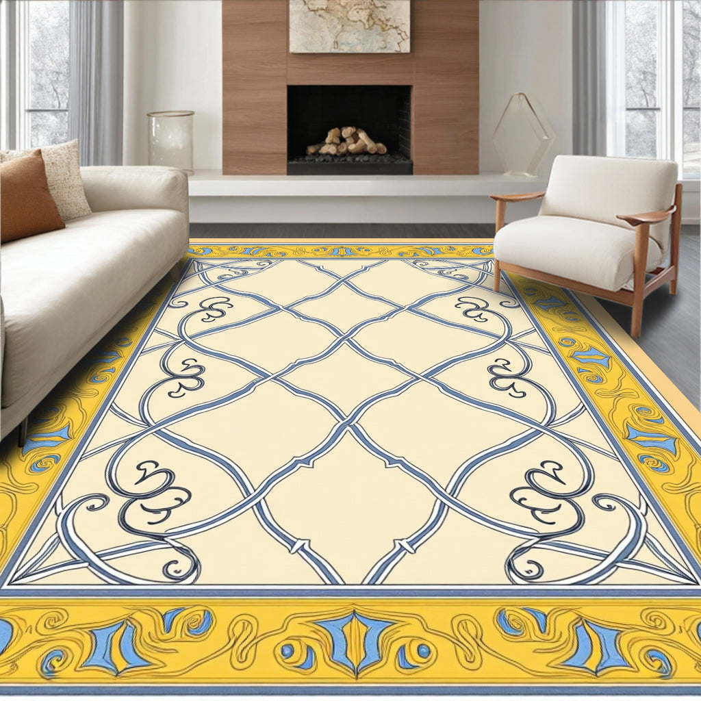 Cream Blue Yellow Ornate Lattice Rug