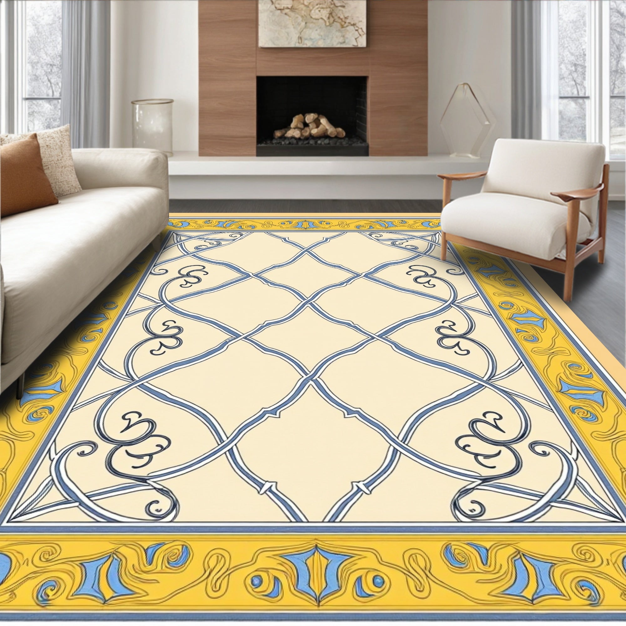 Cream Blue Yellow Ornate Lattice Rug