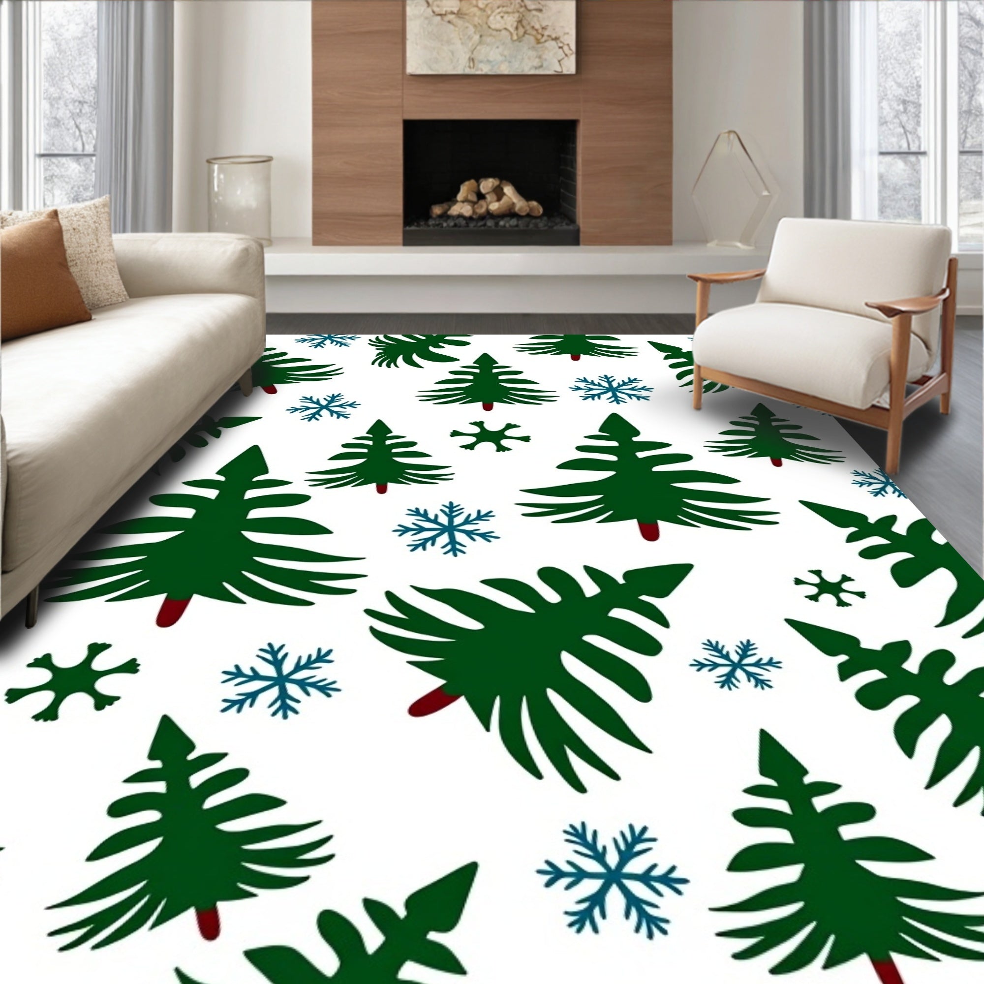 Green Pine Snowflakes Winter Collection Rug