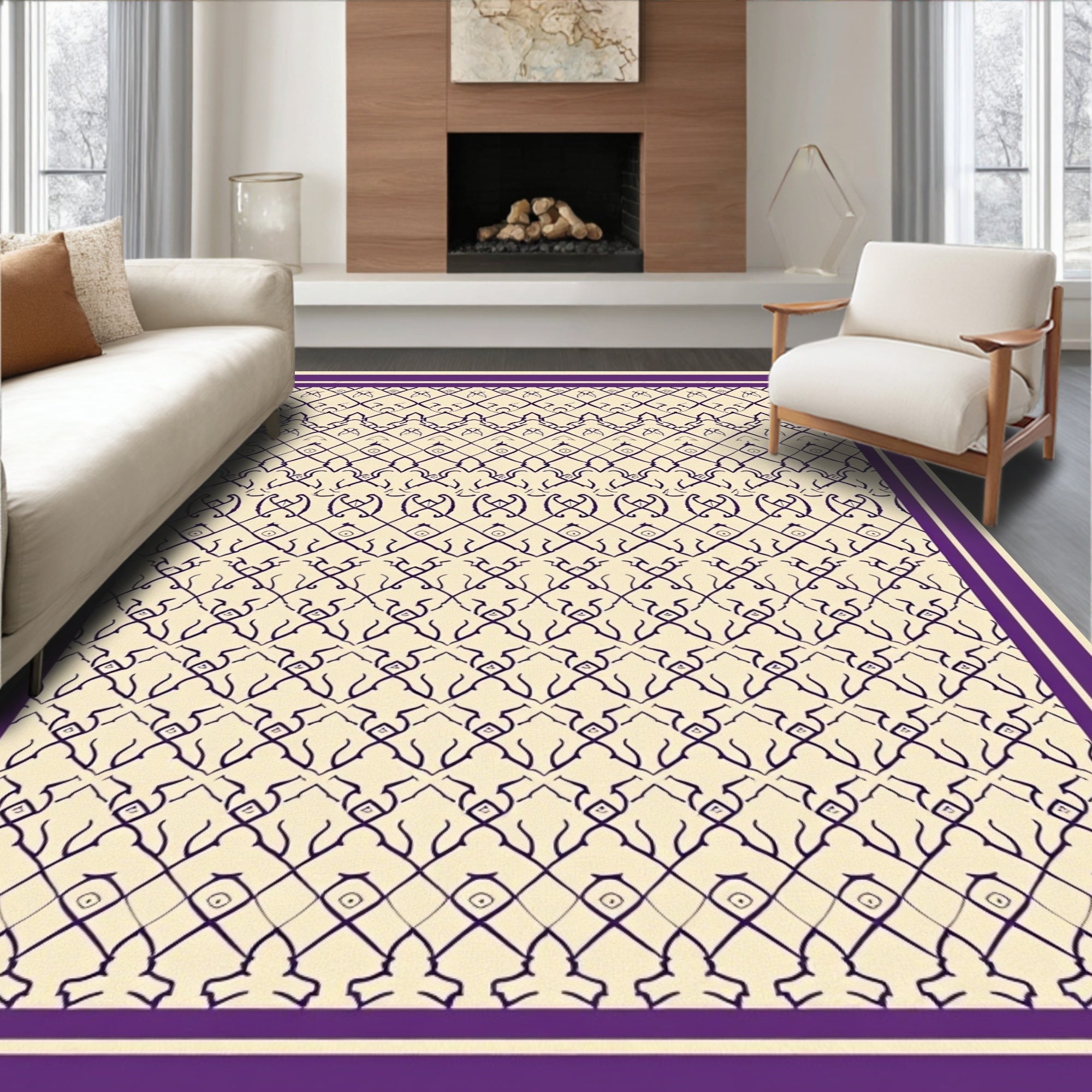 Deep Purple Lattice Work Cream Rug
