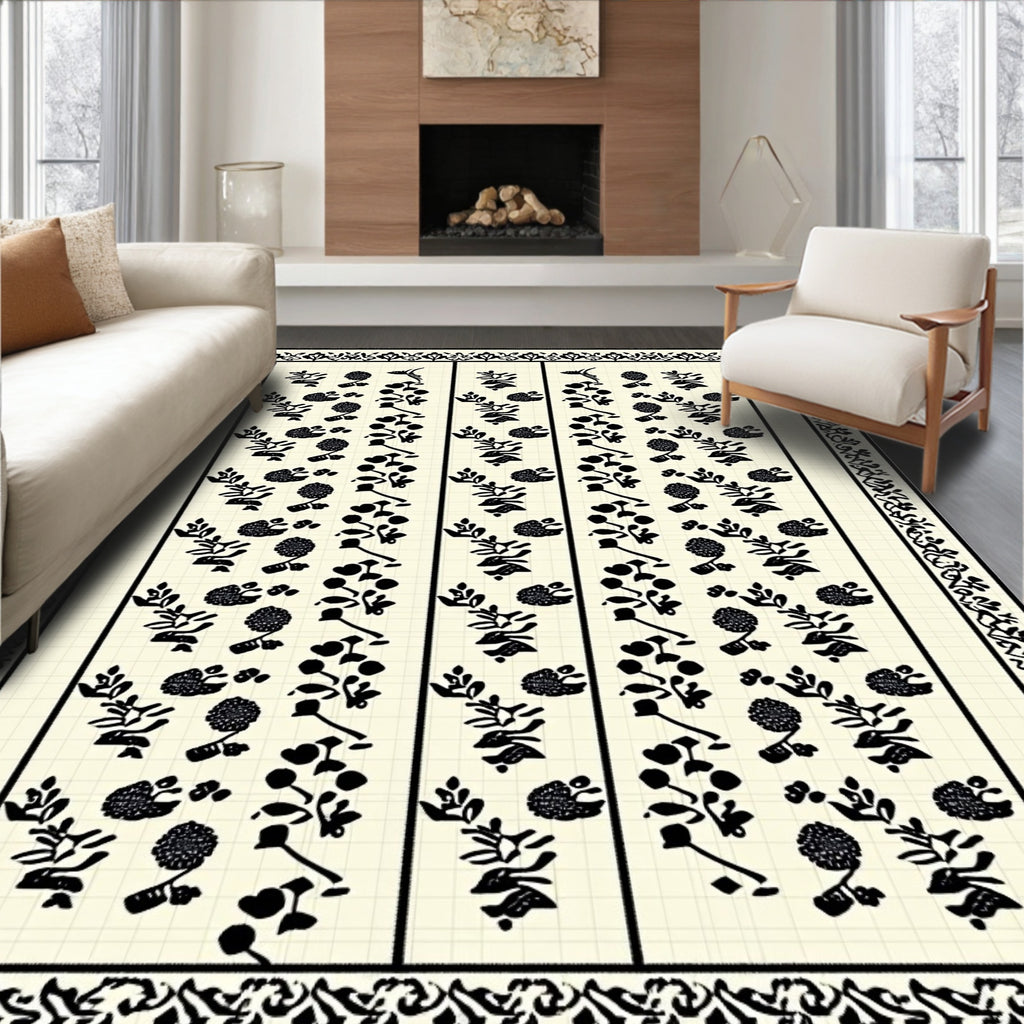 Cream Black Floral Vine Stripes Rug