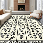 Cream Black Floral Vine Stripes Rug