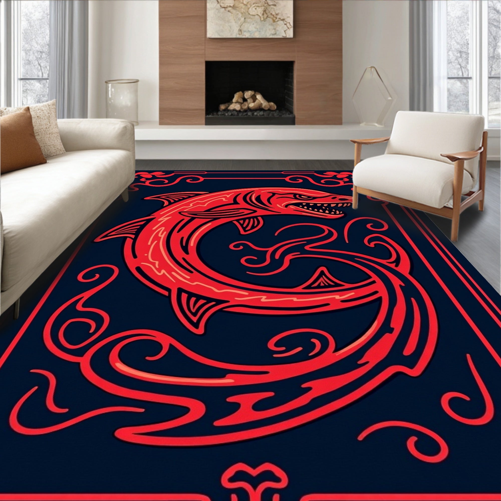 Fierce Red Fish Oceanic Ornate Rug