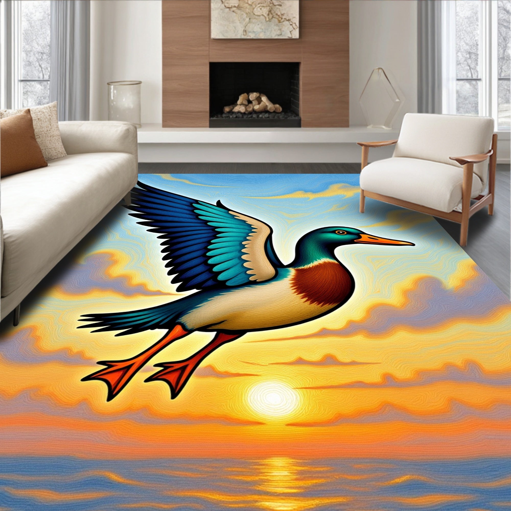 Vibrant Teal Duck Sunset Flight Rug