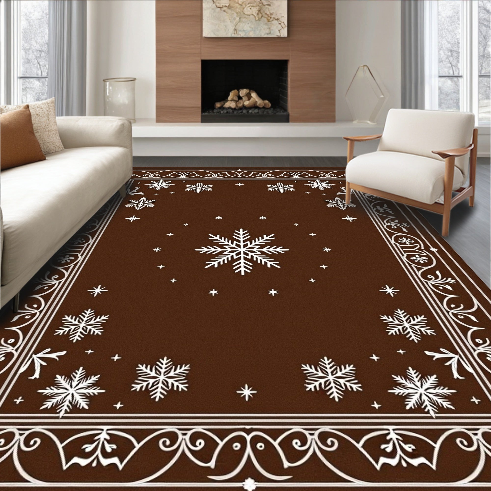 Brown and White Snowflake Emblem Rug