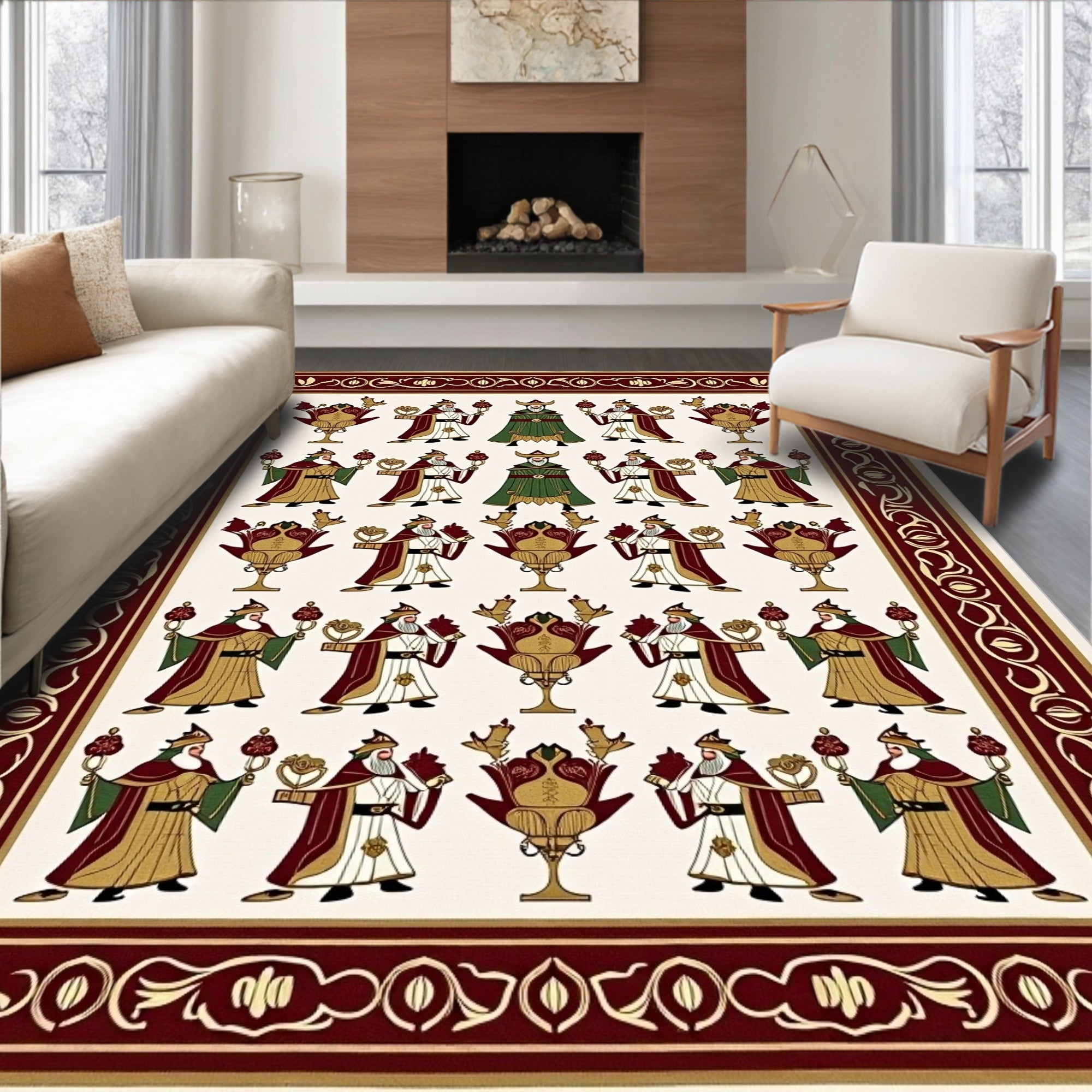 Crimson Ivory Figures Floral Border Rug