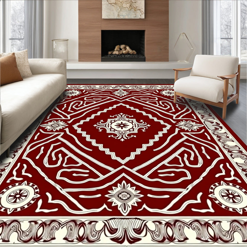 Deep Red Geometric Medallion Rug