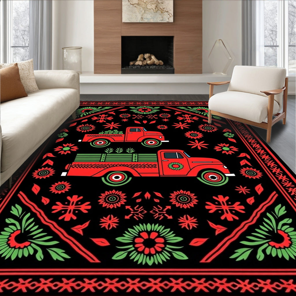Red Folk Art Trucks Floral Border Rug