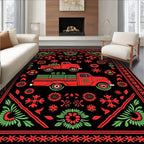 Red Folk Art Trucks Floral Border Rug