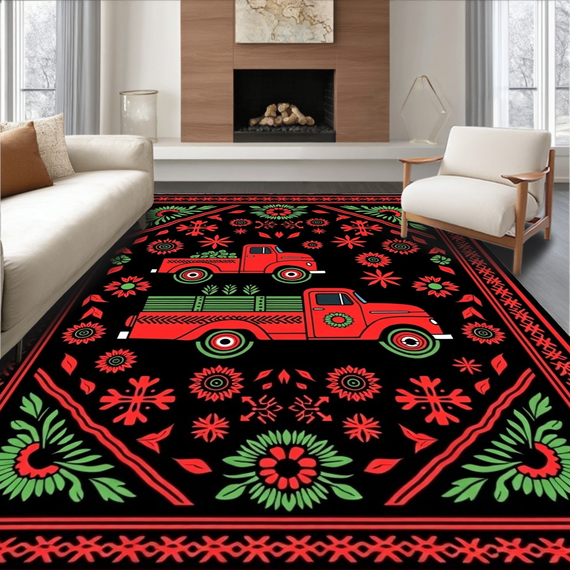 Red Folk Art Trucks Floral Border Rug
