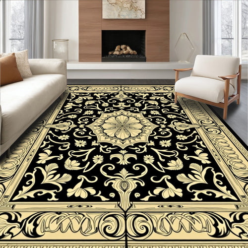 Black Cream Floral Medallion Art Nouveau Rug