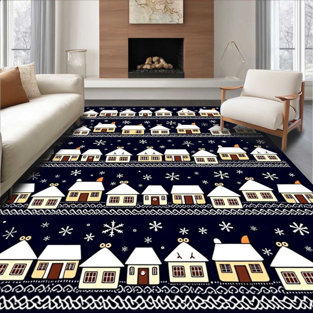 Winter Village Snowflakes Snowy Houses Rug