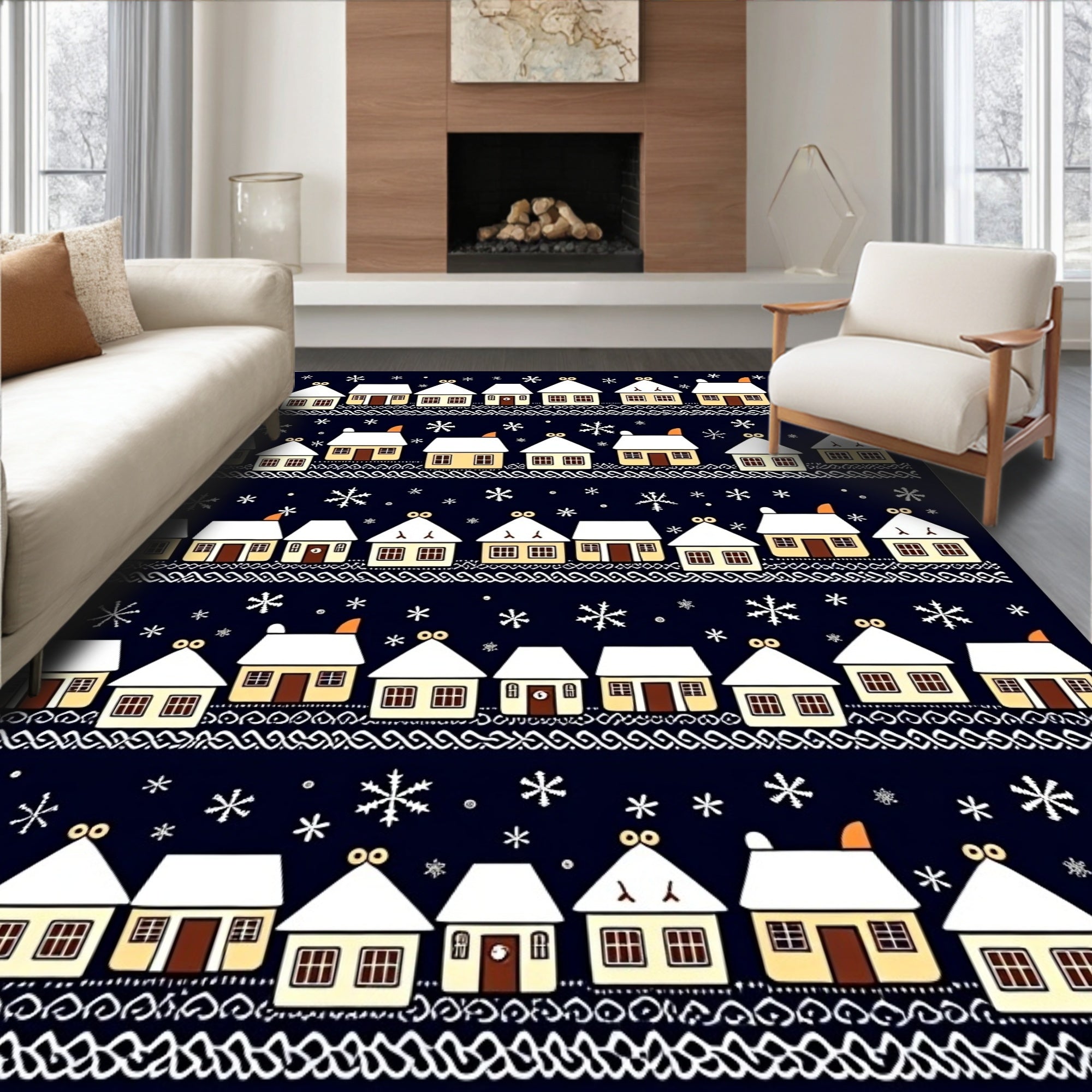 Winter Village Snowflakes Snowy Houses Rug