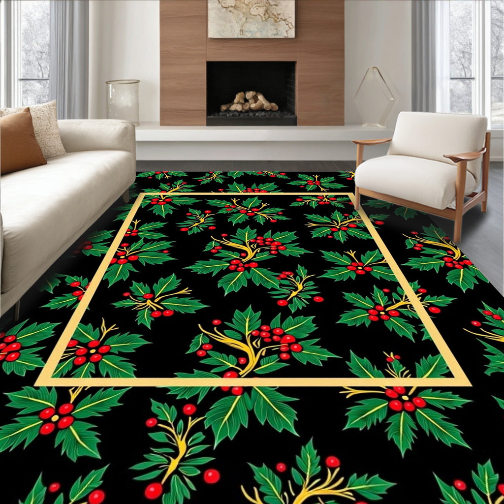 Festive Holly Berry Branches Black Rug