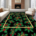 Festive Holly Berry Branches Black Rug