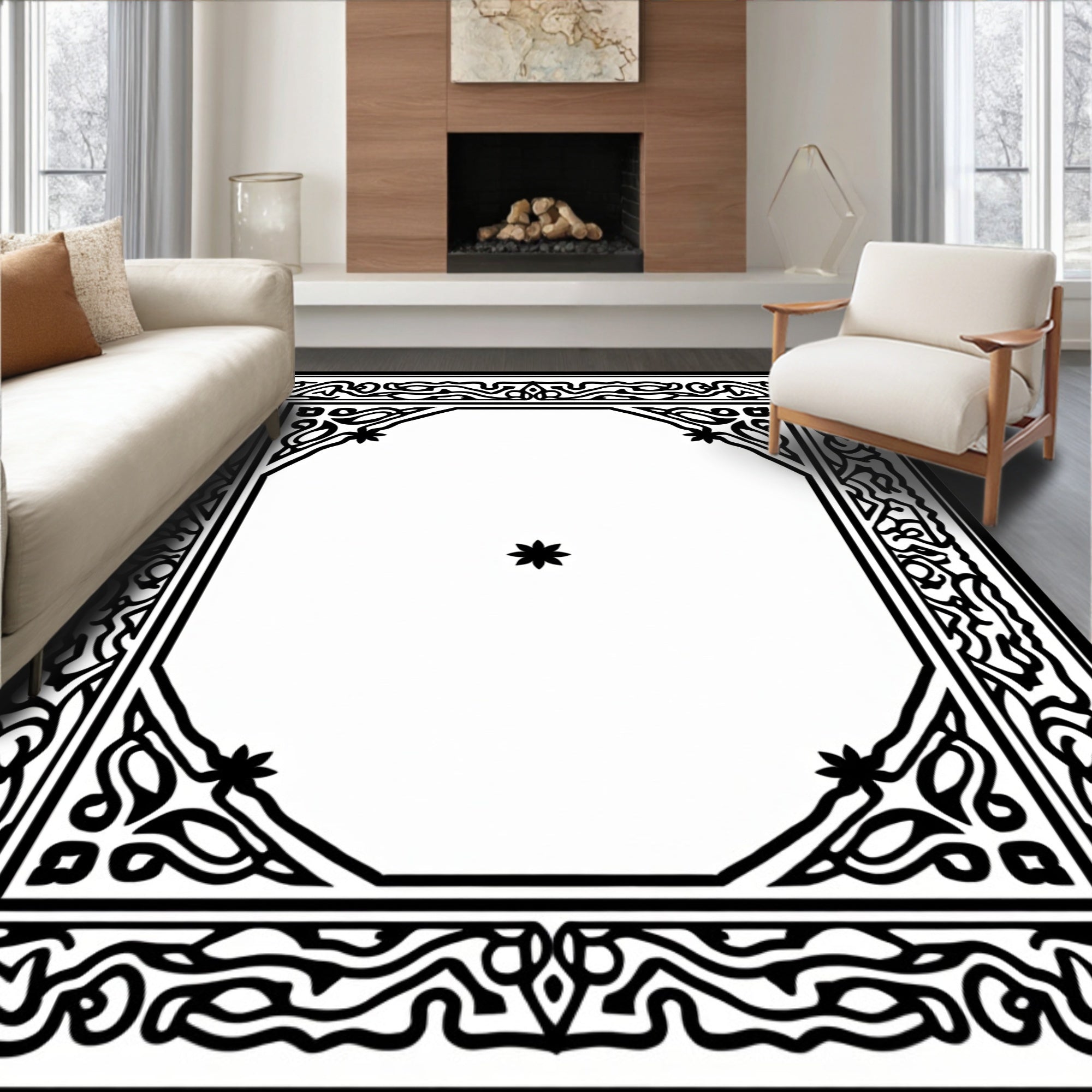 Black White Ornate Eight-Sided Frame Rug