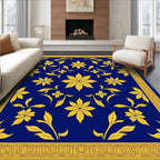 Regal Blue Gold Floral Leaf Border Rug