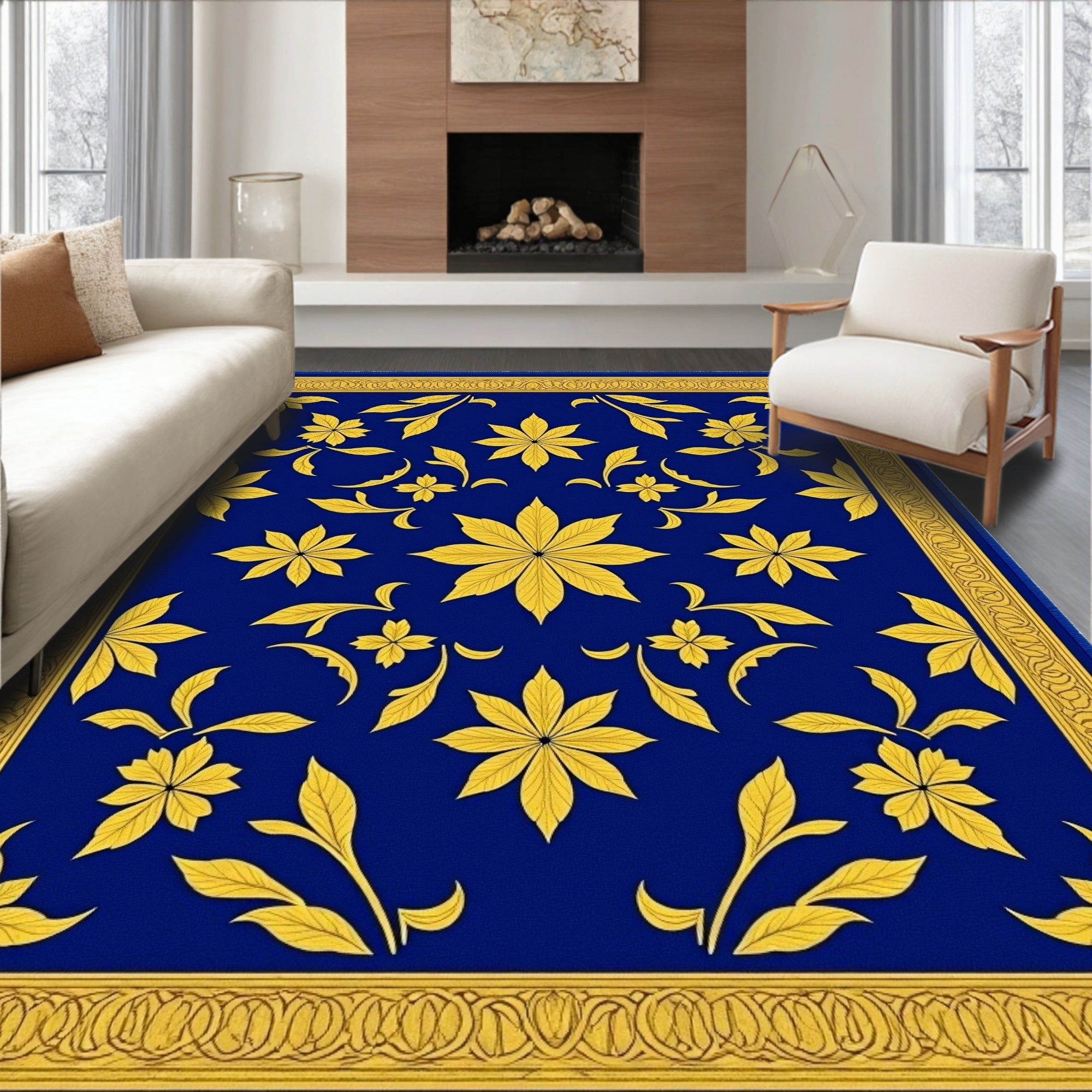 Regal Blue Gold Floral Leaf Border Rug