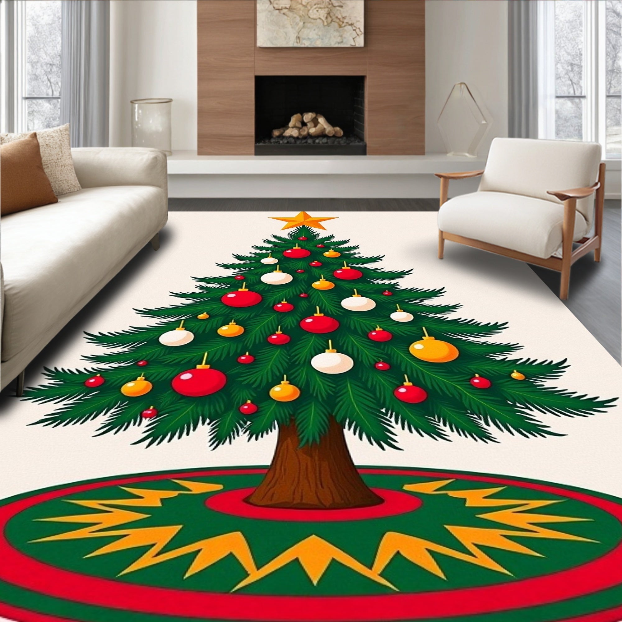 Festive Green Star Ornaments Rug