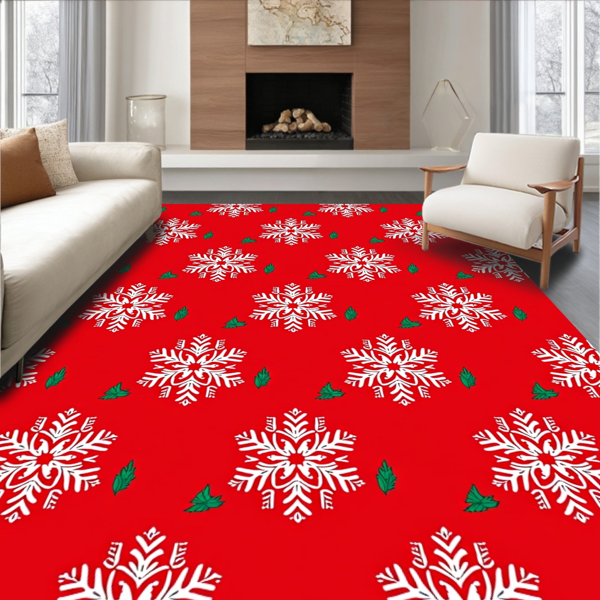 Red White Snowflake Holiday Garland Rug