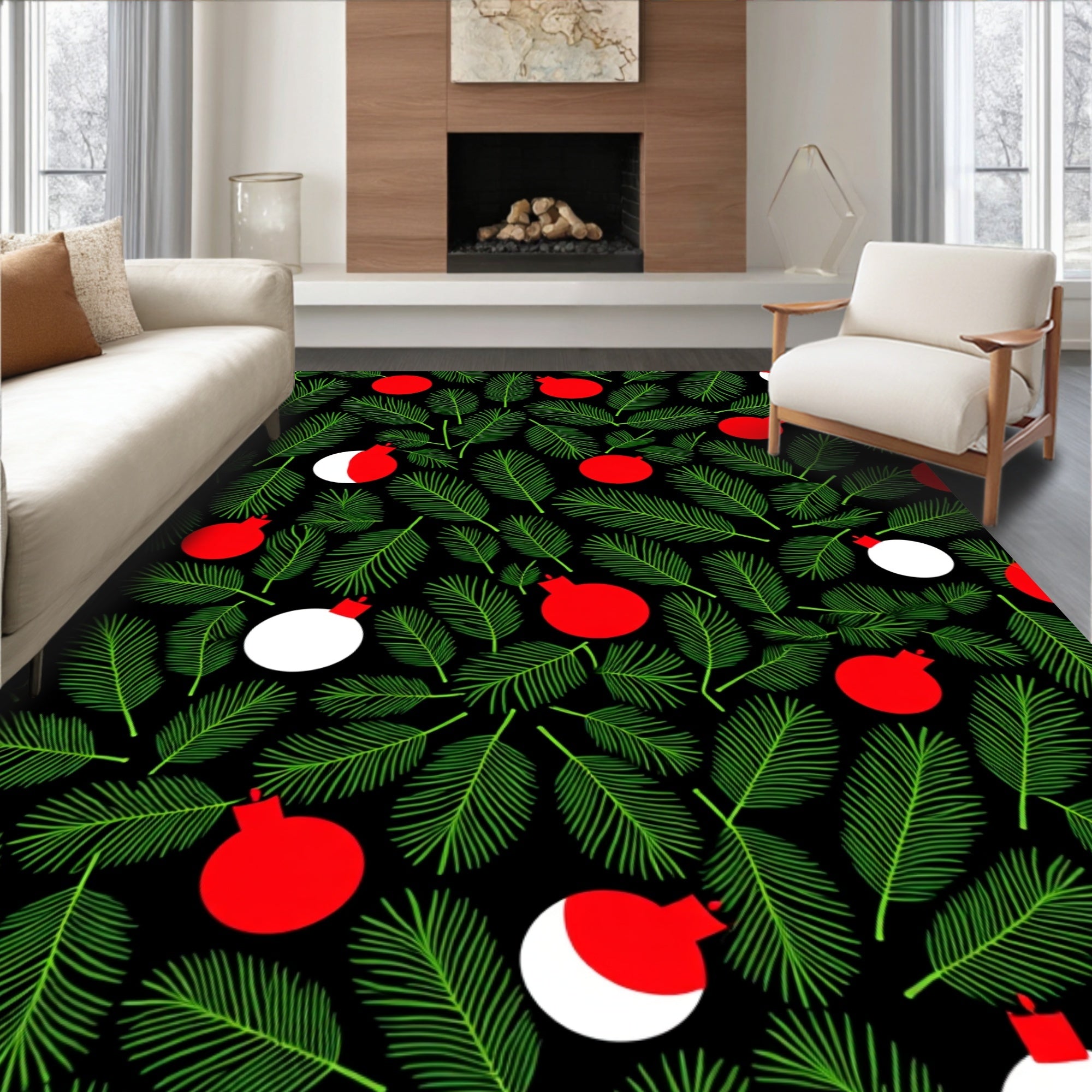 Festive Green Pine Bauble Arrangement Rug