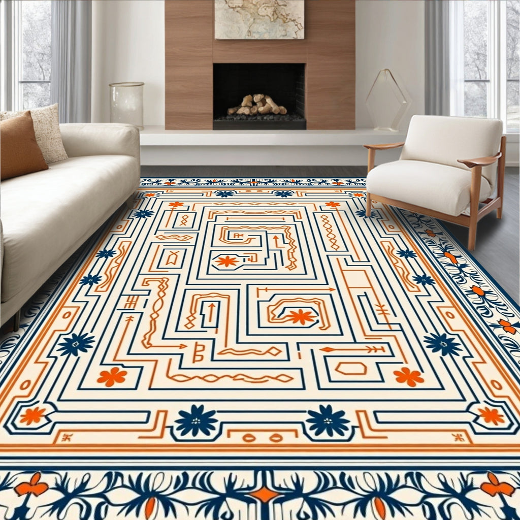 Navy Orange Geometric Maze Floral Rug
