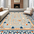 Navy Orange Geometric Maze Floral Rug