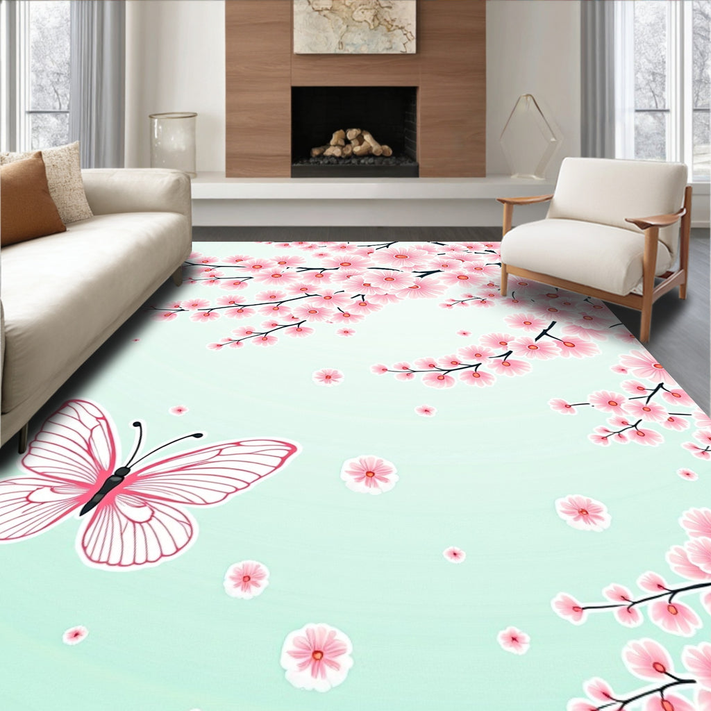 Pink Cherry Blossom Butterfly Garden Rug