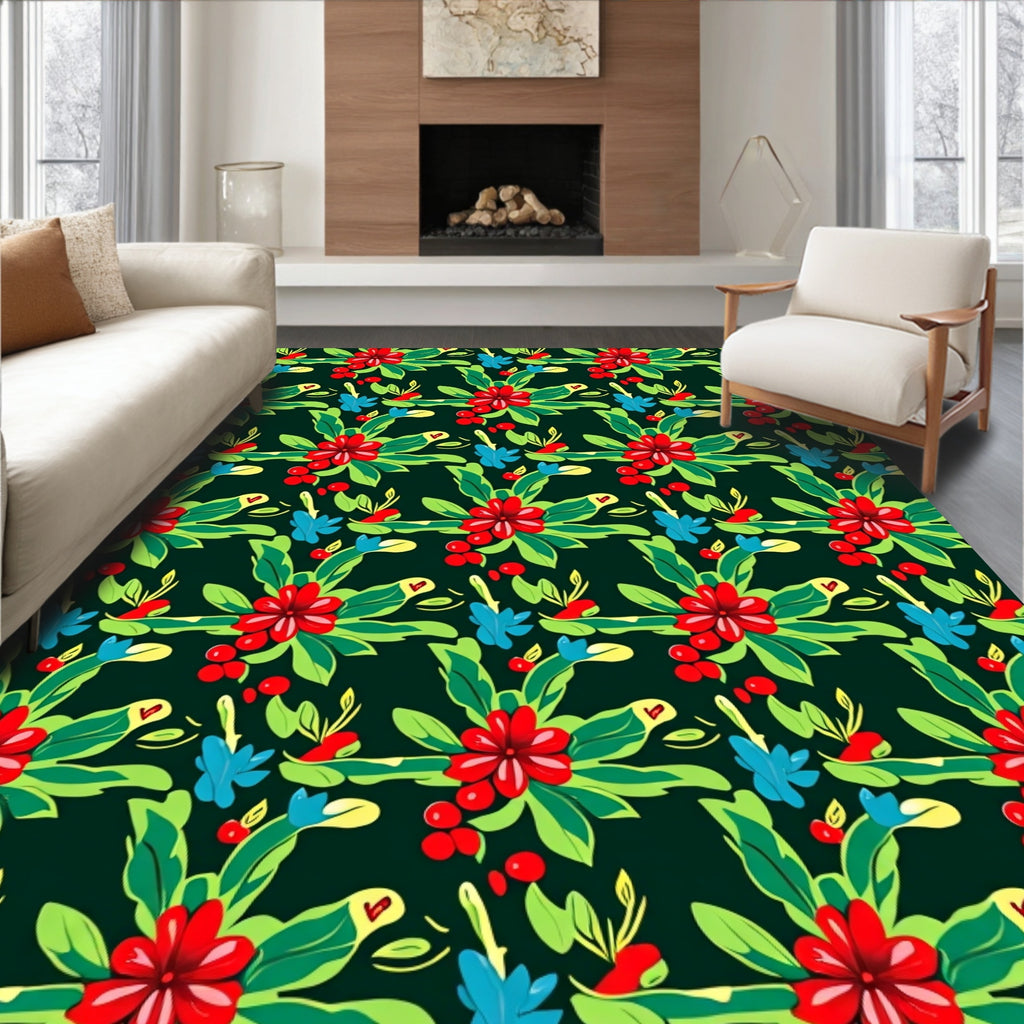 Red Floral Clusters Greenery Blue Accents Rug
