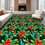Red Floral Clusters Greenery Blue Accents Rug