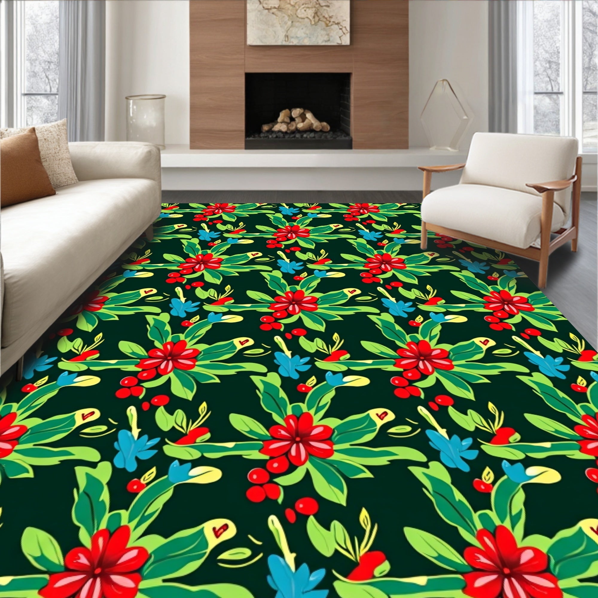 Red Floral Clusters Greenery Blue Accents Rug