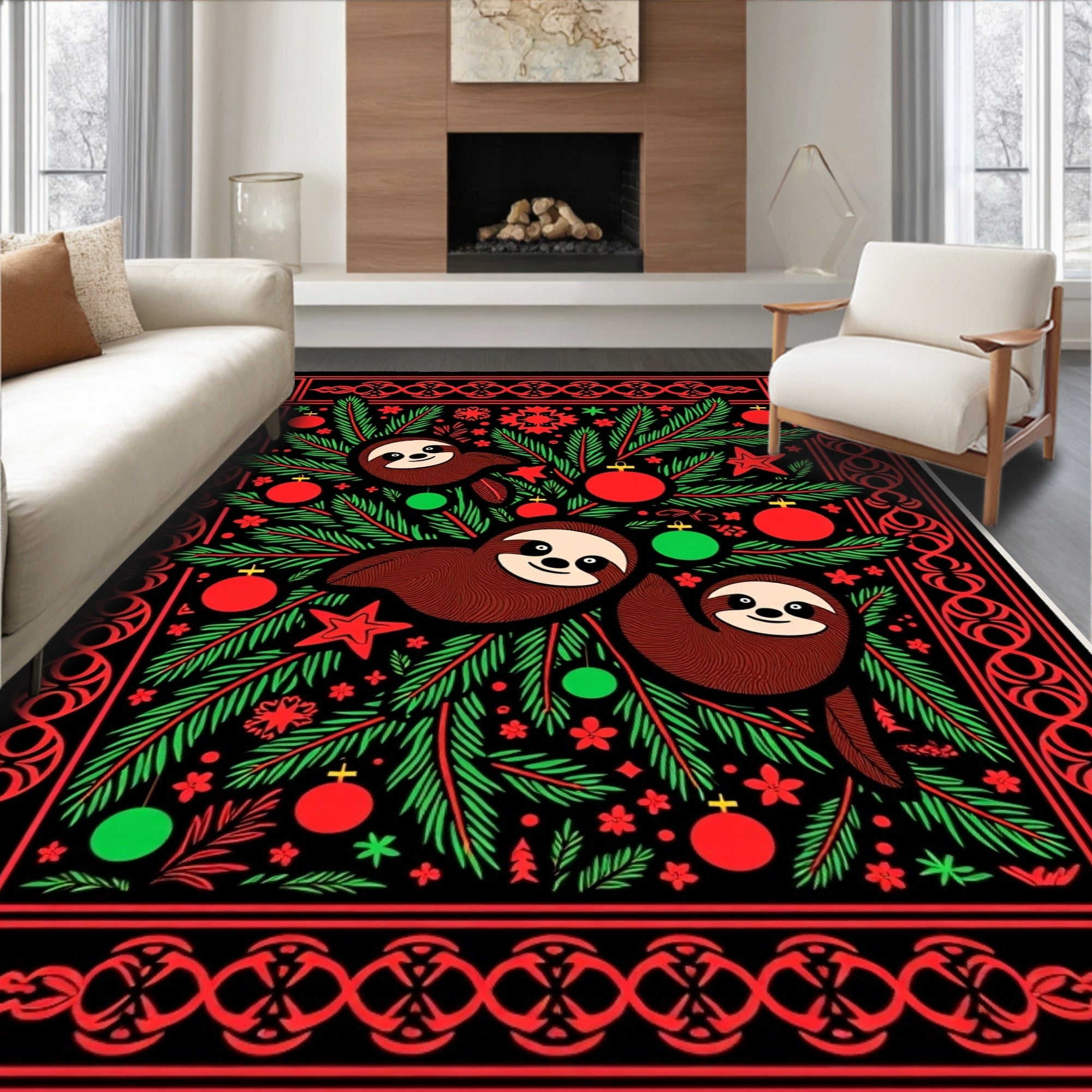Festive Sloth Christmas Needlepoint Rug
