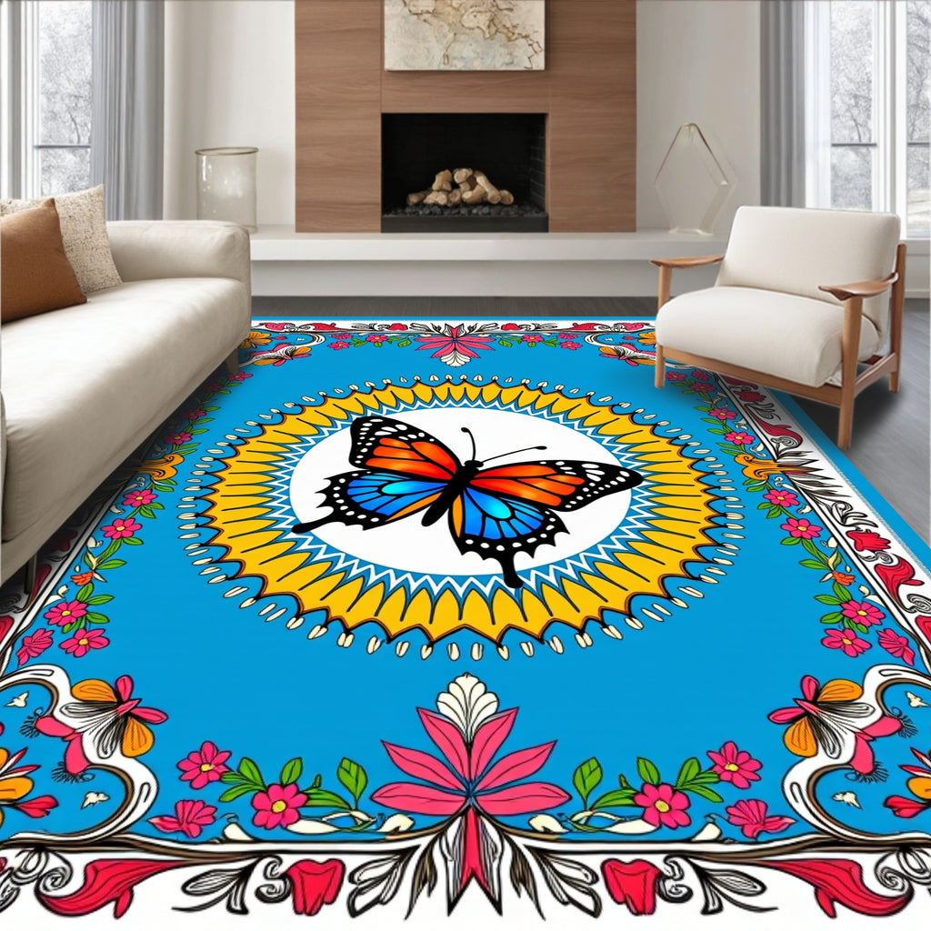 Vibrant Butterfly Floral Border Art Rug