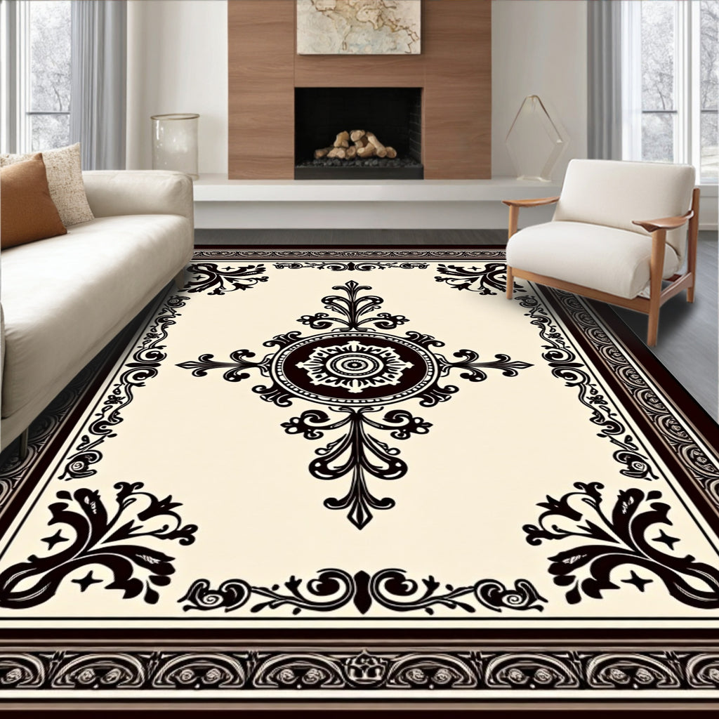 Ornate Cream Dark Brown Medallion Border Rug