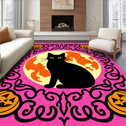 Black Cat Pumpkin Moon Frame Rug