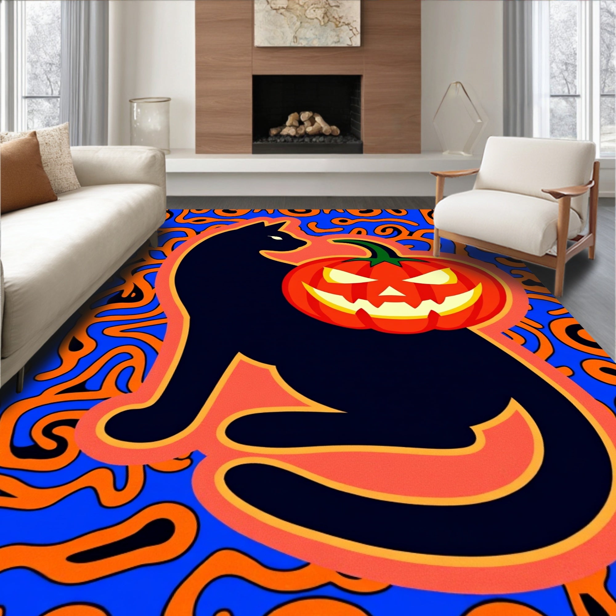 Spooky Black Cat Halloween Pumpkin Rug