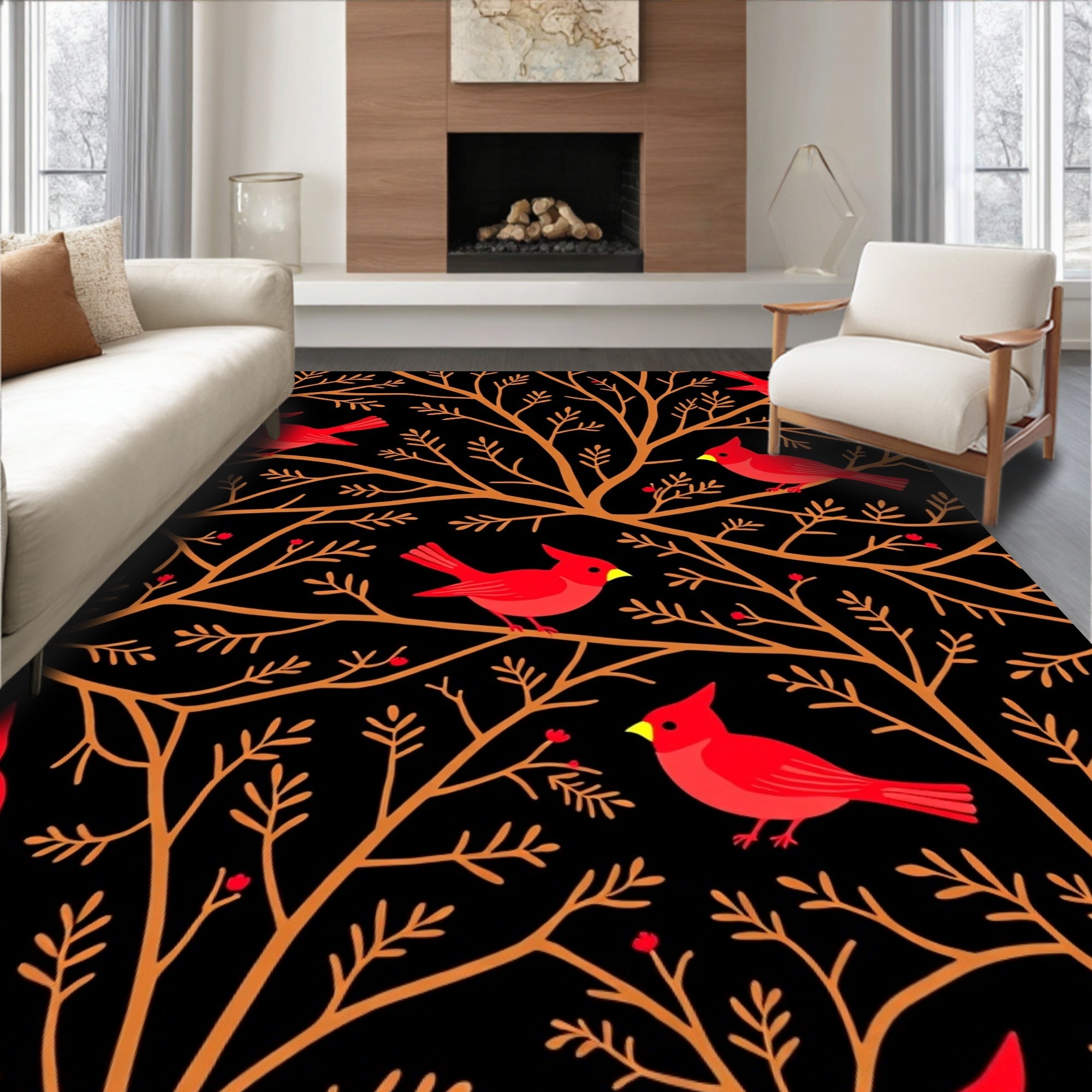 Vibrant Red Cardinals Nature Scene Rug