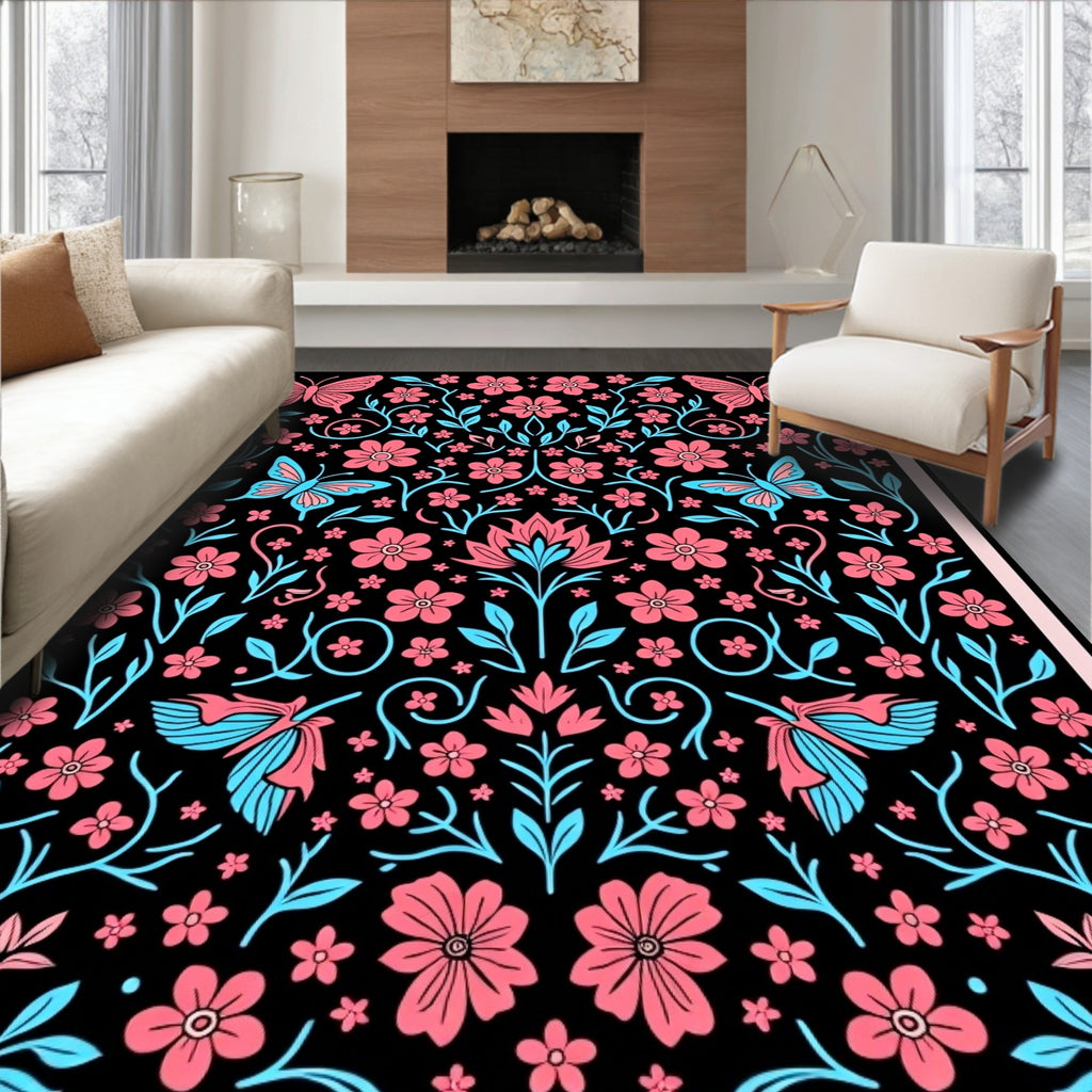Pink Blue Butterfly Floral Garden Rug