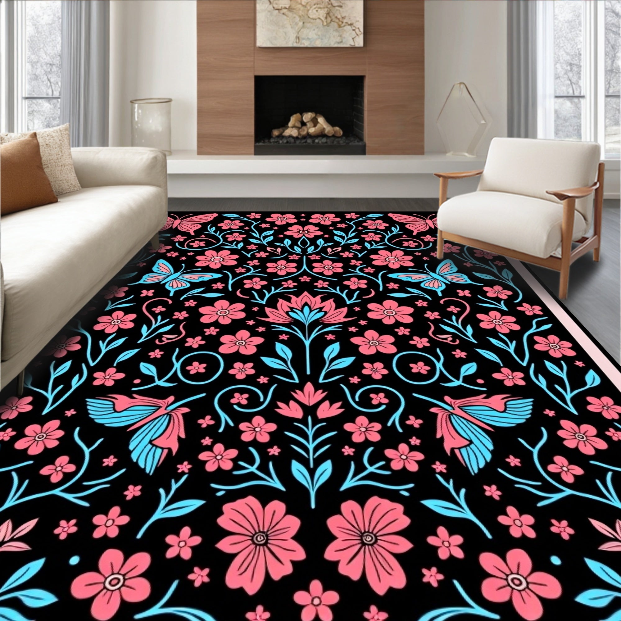 Pink Blue Butterfly Floral Garden Rug