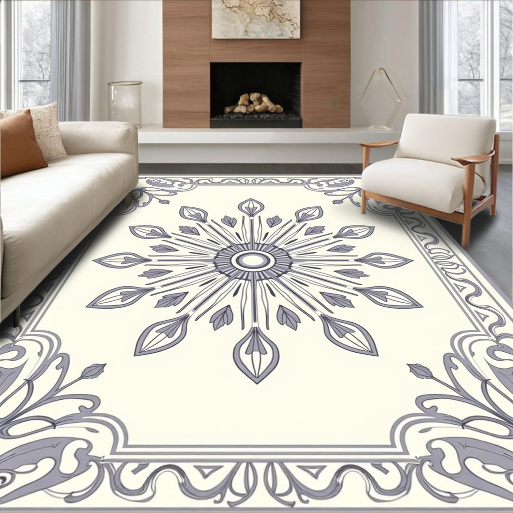 Cream Gray Floral Medallion Border Rug