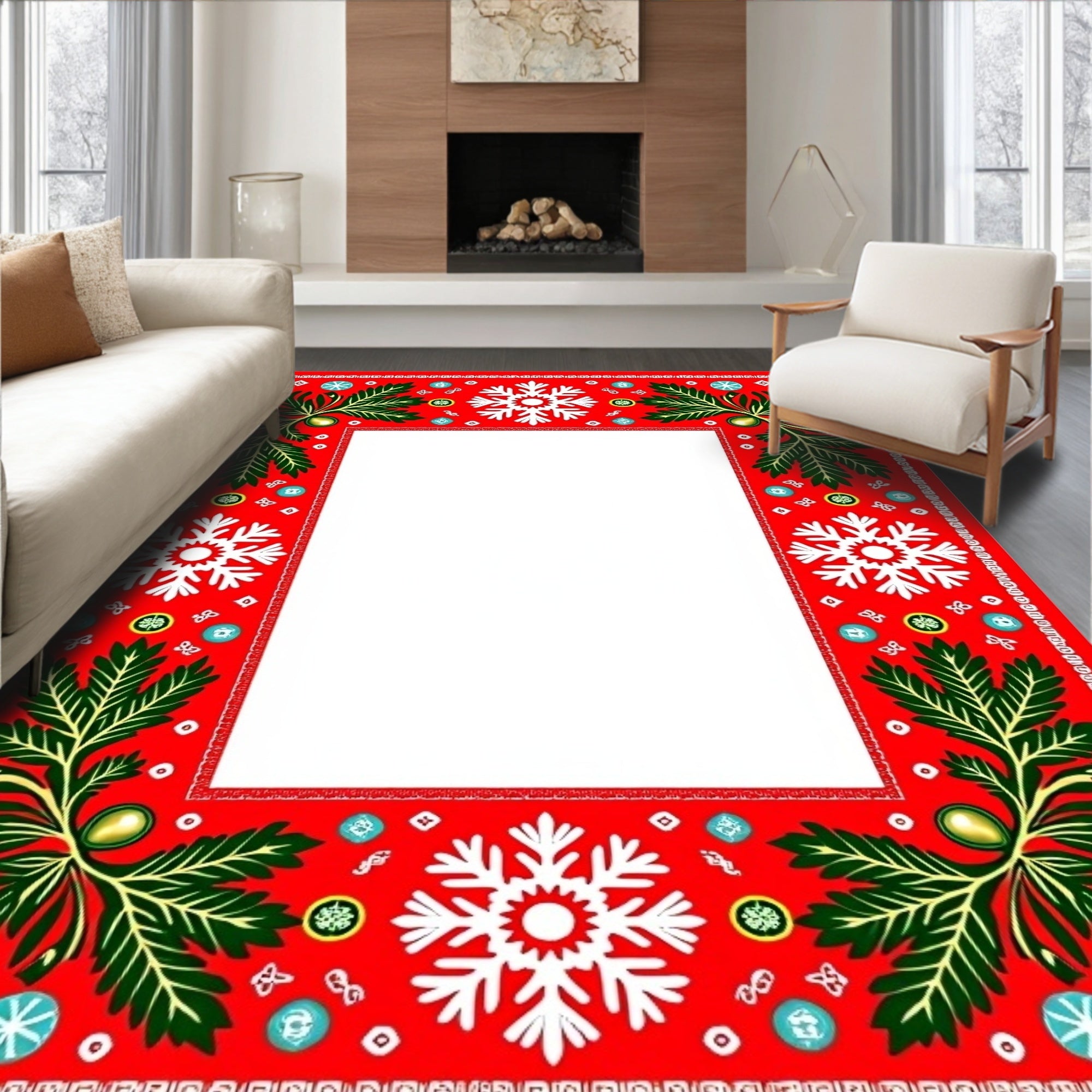 Red Snowflake Foliage Border Rug
