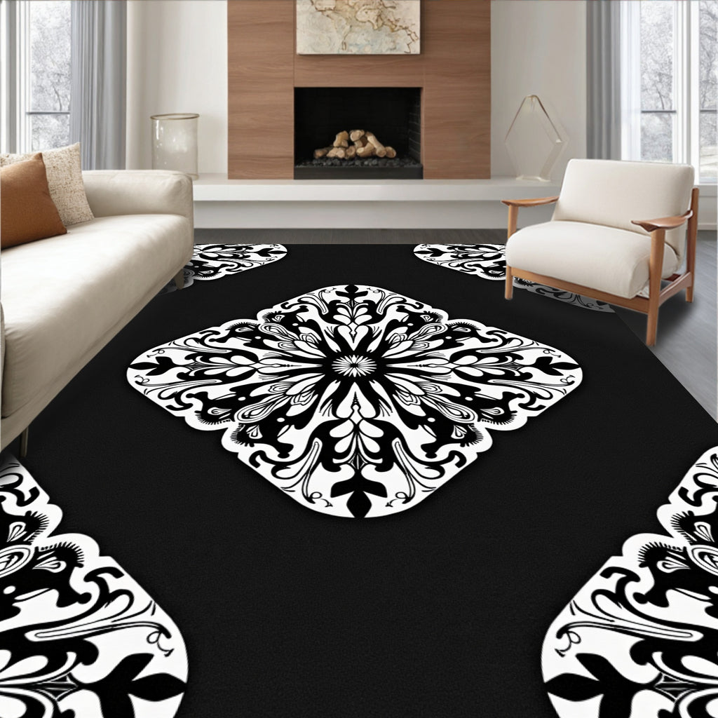 Black White Floral Mandala Rug