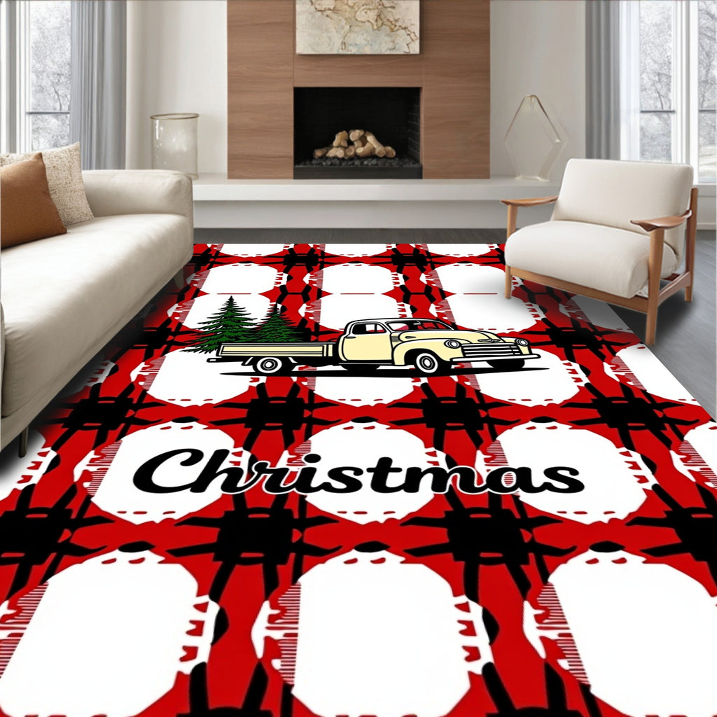 Red Black White Plaid Truck Trees Rug
