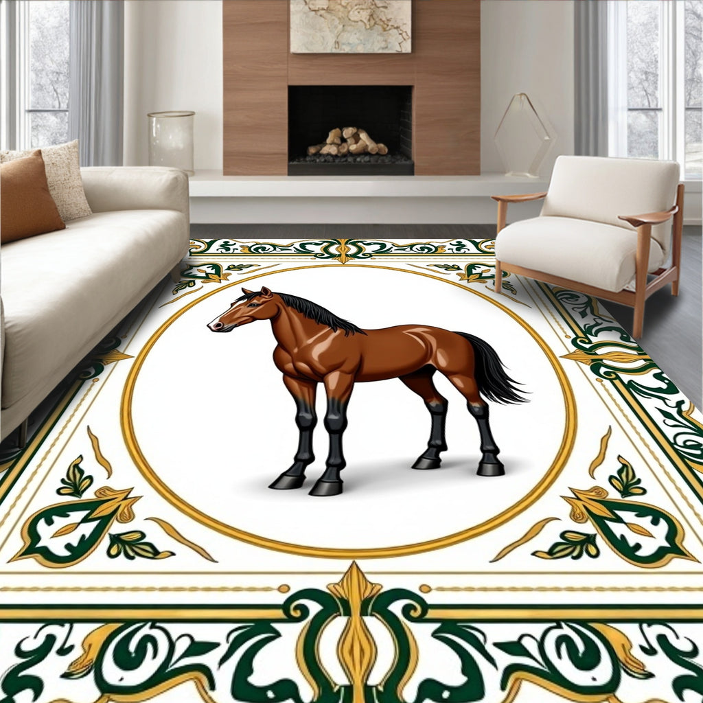 Brown Horse Oval Frame Scrollwork Rug